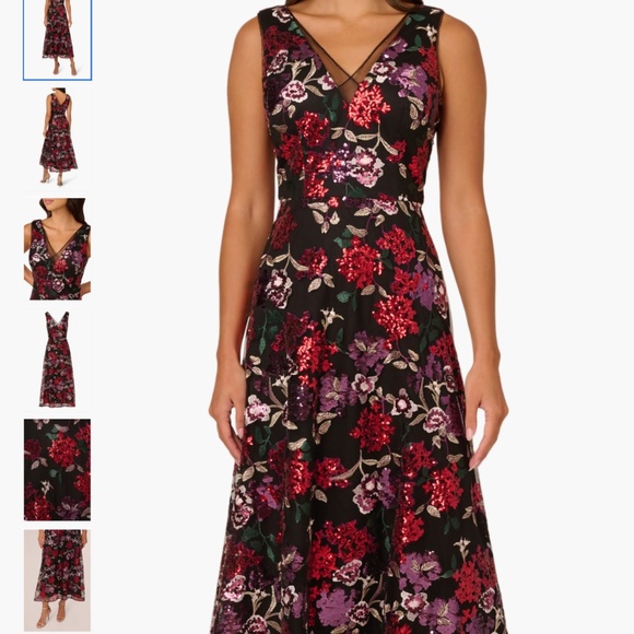 Adrianna Papell Black and Red Floral Midi sequin Dress - Picture 1 of 15